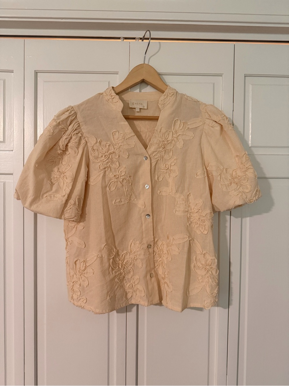 entro Embroidered Puff-Sleeve Button-Front Blouse in Peach